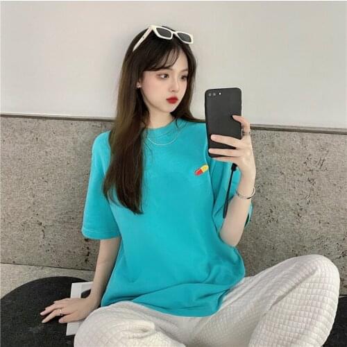 2021 casual loose short-sleeved T-shirt womens long wild summer new round neck Harajuku commuter Cortoon soild