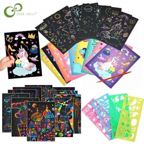 33pcs Magic Color Rainbow Dinosaur Unicorn Cartoon Scratch Art Painting Paper Card Kit Drawing Stick Kids DIY Drawing Toys ZXH