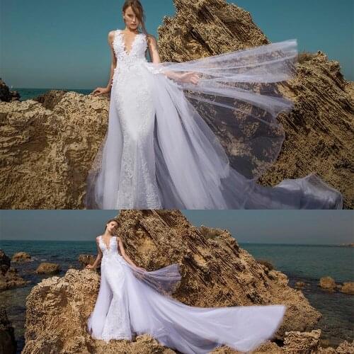 3D Floral Lace Applique Wedding Dresses With Detachable Tulle Train Sleeveless Vestido De Noiva Custom Made Bridal Dress