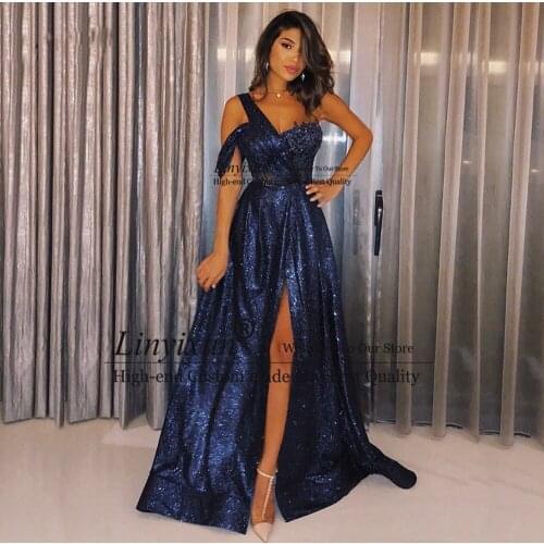 Shiny Navy Blue Prom Dresses Plus Size 2021 Glitter Sequined One Shoulder Sleeve Long Beach Formal Evening Party Dresses