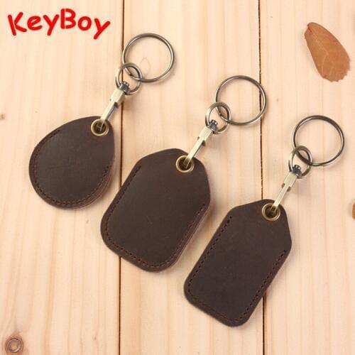 Cow Leather Keychain Key Ring Rectangular Round Water Drop Doorlock Access Control Tags Keyfob ID Card Protective Case Keyring