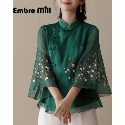 Cheongsam Chinese Blouse Womens Summer Plus Size Retro Embroidery Plum Blossom Flared Sleeves Womens Clothing S-XXL