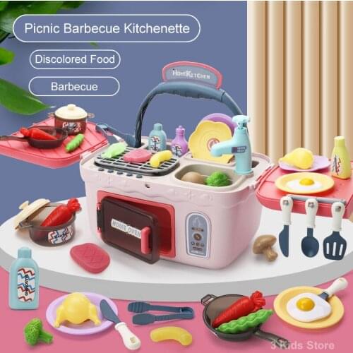 Children Mini Simulation Kitchen Toy Set Cookware Kids Pretend Cook Picnic Kitchenette Sound Effect Lighting Simulation Cooking
