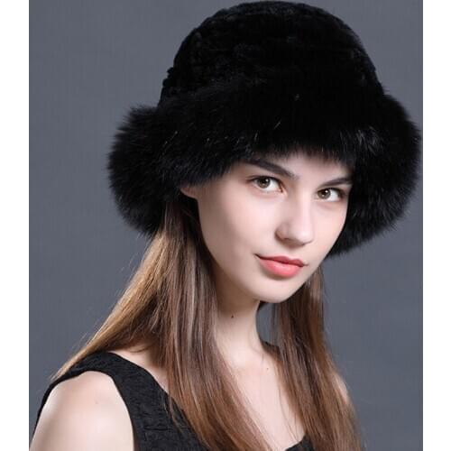 Women Mink Fur Knitted Hat Faux Fur Brim Winter Warm Furry Earmuffs Cap Elegant