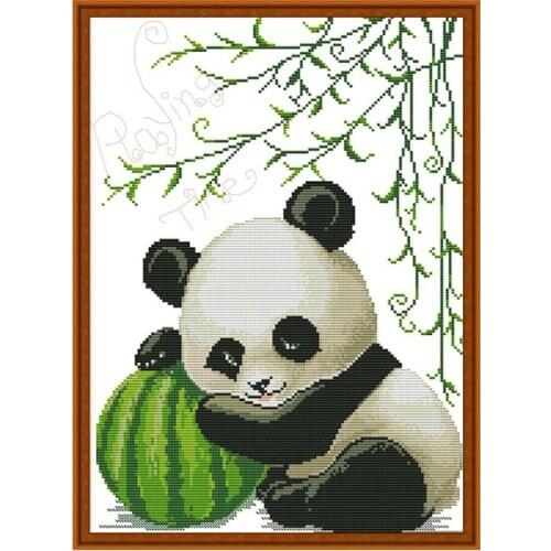 Cute Panda Baby 14ct 11ct Cross Stitch Kit China Panda and Watermelon Print Embroidery Animal Needlework DIY Hand Embroidery
