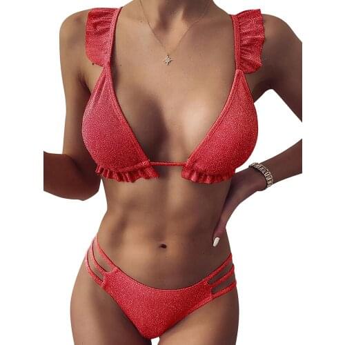 2021 New European And American Sexy Swimsuits Solid Color Thread Ruffled Cute Split Bikini Suit Ladies Swimwear Womens Hot