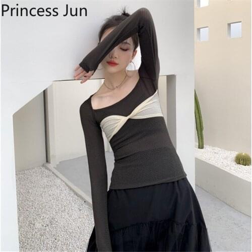 New Design Women Patchwork Color Bow T-Shirts Long Sleeve Tight-fitting Sexy Slash Neck Crop Top Retro Chic Slim Bottoming Shirt