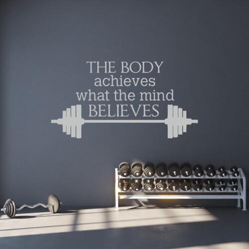 Gym Motivational Quote Wall Sticker The Body Achieves What The Mind Believes Wall Decal Fitness Exercise Room Decor AZ336
