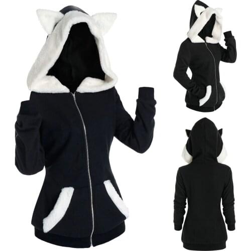 Unisex Long Sleeve Cosplay Cat Ear Faux Furs Insert Zip Up Hoodie Sweatshirt Winter Clothes Women 2021 Женские Свитера