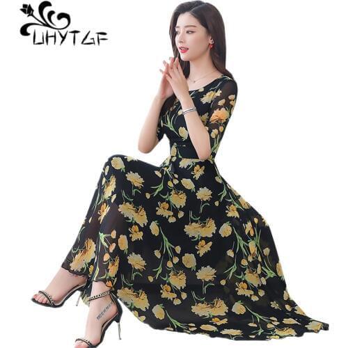 UHYTGF Large swing Long dresses Womens Chiffon spring summer dress Small fragrant wind boho dress elegant Plus size dresses 1356