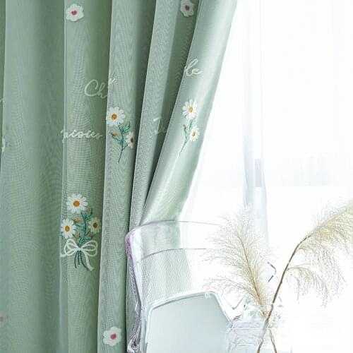 Korean 2 Layer Blackout Curtains for Living Room Girls Bedroom Curtain Embroidery Daisy Flowers Green Pink Drapes Window Decor