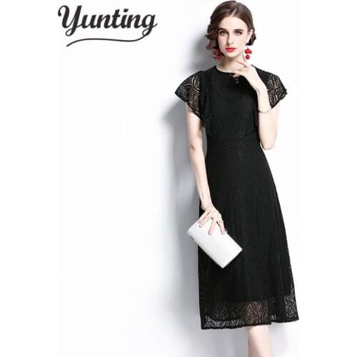 Summer Runway Flower Black Lace Dress Woman Vintage Crochet Floral Hollow Out Short Long Party Vestidos