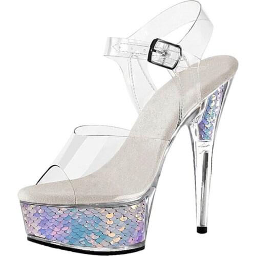 20CM Glitter FlashFish Scale Bride High Stripper Heels Platform Sandals Pole Dance Shoes Sexy Fetish Party Women Nightclub Model