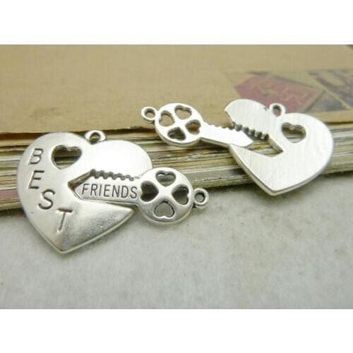 30sets Antique Silver Best Friend Heart Key Sets Vintage Charms Pendants Alloy Wholesale DIY Accessory Heart 25*25mm Key 10*22mm