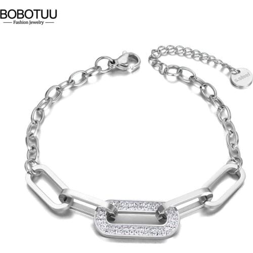 BOBOTUU Trendy CZ Crystal Geometric Charm Bracelets For Women Titanium Stainless Steel Link Chain Bohemia Beach Jewelry BB21001