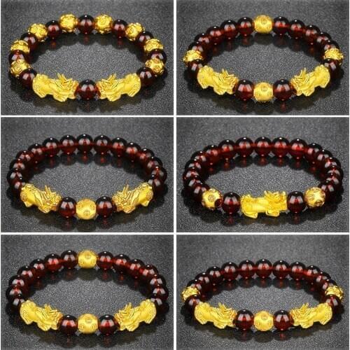 PIXIU Bracelet Imitation Gold 3DHard Gold Garnet Bracelet 8mm Beads Female Crystal Vietnamese Sand Money Transfer Beads Bracelet