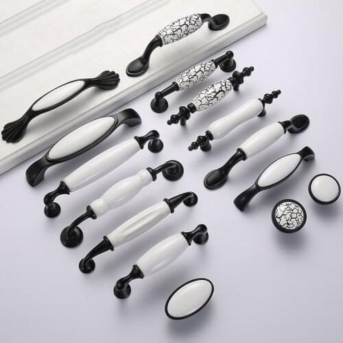 Black White Door Handles Rural Style Ceramic Drawer Pulls Crackle Kitchen Cabinet Handles and Knobs Furniture Handles