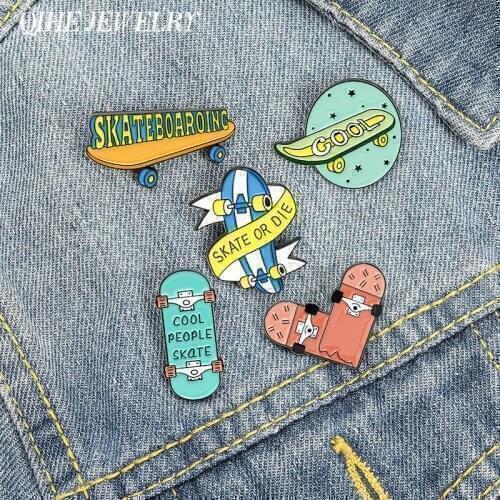QIHE Jewelry 'SKATE OR DIE' Enamel Pins Skateboarder Cartoon Brooches Badges Fashion Youth Pin Gifts for Friends Wholesale