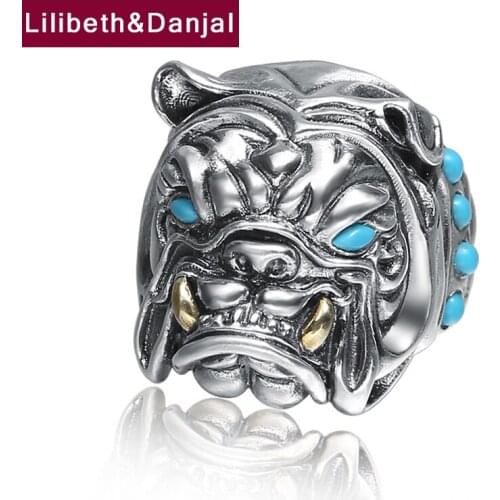 Inlaid Turquoise Bulldog Real 925 Sterling Silver Vintage Cute Dog Adjustable Men Fashion Fine Jewelry 2021 Arrival Designer R11