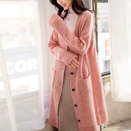 100% Thick pure cashmere cardigan with pocket loose jacket women autumn winter new style Korean lazy knitted sweater v-neck