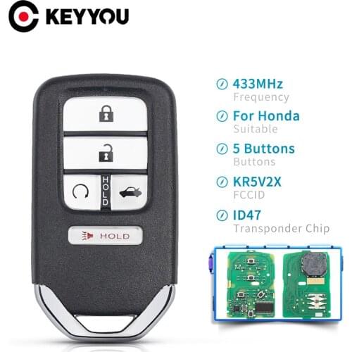 KEYYOU FCC ID KR5V2X 433MHz 5 Buttons ID47 Chip Replacement Remote Car Key For Honda Piot CR-V Civic 2016 2017 2018