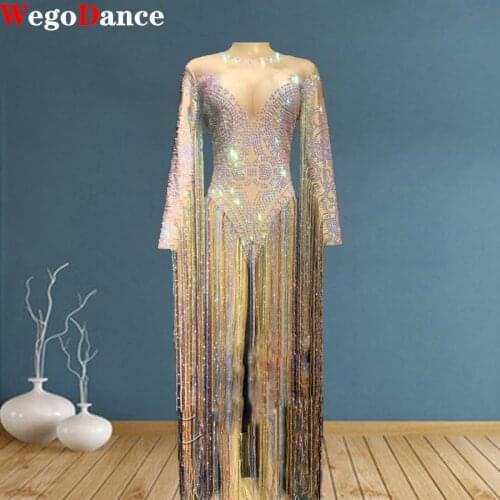 New Women Colorful Tassel Rhinestone Jumpsuit Elastic Skinny Bodysuit DJ Stage Wear Nightclub Singer Dancer Performance Costumes