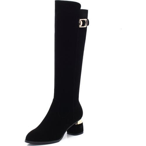 Western Boots Women Knee High Cowboy Boots Fashion Pointed Sewing Shoes Female High Heels Thick Shoes Ladies Autumn size 34-43