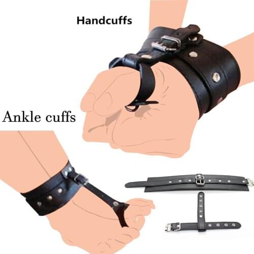 Slave Bdsm Bondage Leather Hand Wrist To Thumbs Cuffs Binding Belts Cosplay Ankle Wrist Hogtie Strap With Toes Restraint Sex Toy
