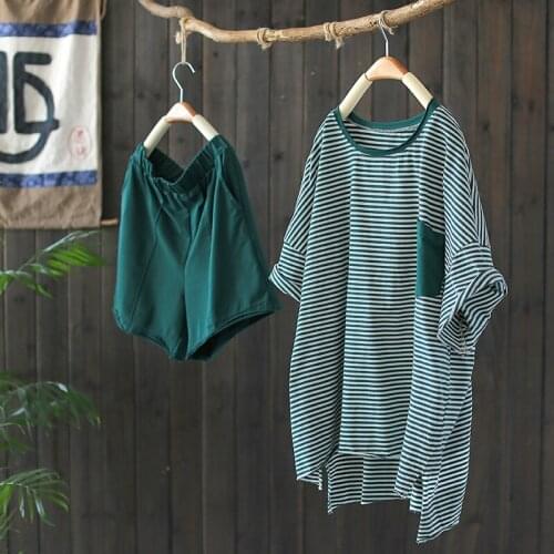 Literature and art pure cotton fashion striped suit women 2021 new two-piece summer western style t-shirt top shorts