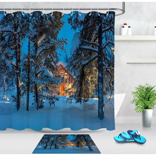 Night Winter Forest Cabin Bathroom Shower Curtain Set Waterproof Fabric