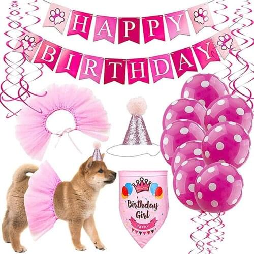 2021 New Pet Birthday Party Pink Theme Suit Pettiskirt Ribbon Scarf Hat Collar Banner Balloon Dog Cat Party Supplies Props