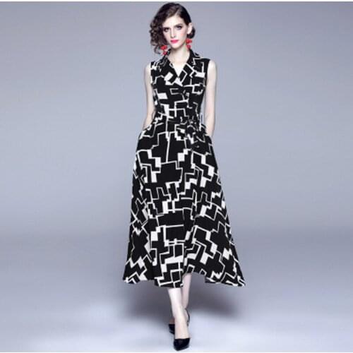 Woman summer sleeveless dress women elegant dress and ladies dress V-Neck Vintage print dress for women