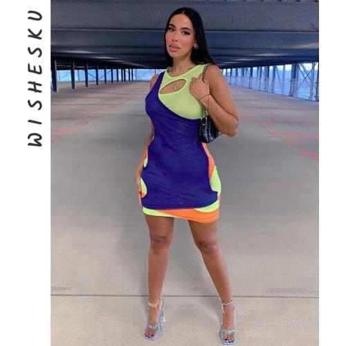 Multicolor Sleeveless Patchwork Skinny Mini Dress Women Fashion Mesh See Through Sexy Party Club Y2K Clothings 2021 Summer