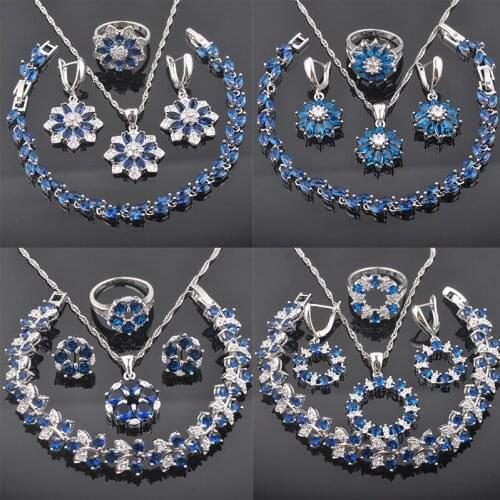 Russian Style Cubic Zirconia Jewelry Sets Blue Crystals Pendants Necklace Earring Ring For Women Luxury Party Jewelry QZ0416