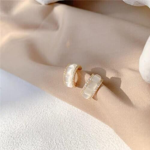 Japan Korea Delicate Rhinestones Hoop Earrings For Women Girls C-Type Square Opal Statement Earring Wedding Jewelry Bijoux Gift