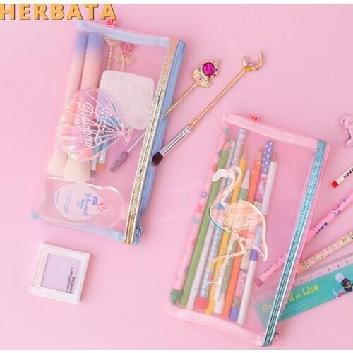 Harajuku mesh flamingo shells pen bag students pencil case multifunction cosmetic bag travel storage bag purse Cartuchera