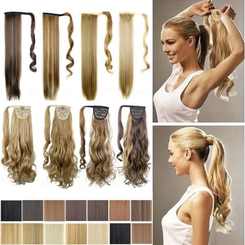 24inch Clip In Synthetic Pony Tail Straight and Curly Ponytails Heat Resistant Fake Hair Extension Wrap Round Hairpiece