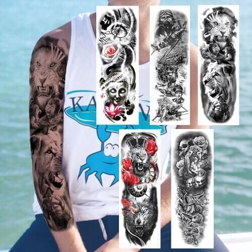 Black Lion Soldier Temporary Tattoos Sticker Realistic Fake Buddha Lotus Wolf Skull Rose For Women Men DIY Sleeve Tattoos Paper