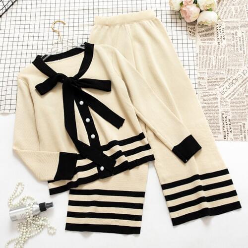 New Spring Autumn Striped Knitted 2 piece sets women Drawstring Bow Short Cardigans Ankle-Length High Waist Wide Leg Pants Mw616