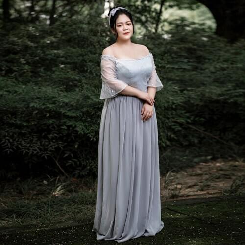Women Elegant Evening Dress A-Line Three Quarter Floor-Length Boat Neck Lace Up Embroidery Simple Plus Size Party Dresses D068
