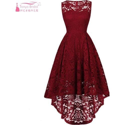 Short Front Long Back Bridesmaid Dresses Navy Blue Womens Vintage Floral Lace Sleeveless Hi-Lo Formal Wedding Party Dress JQ39