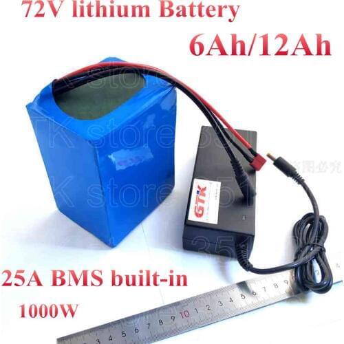 72V 6Ah 12Ah lithium 6000mah battery pack li-ion for bicycle ebike 1000w motor with 25A BMS electric bike battery + 2A charger