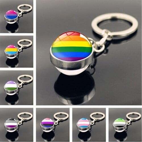 Gay Pride Keychains Jewelry with Silver Color Glass Cabochon Rainbow Pattern Double Side Glass Ball Car Key Chain Keychain Charm