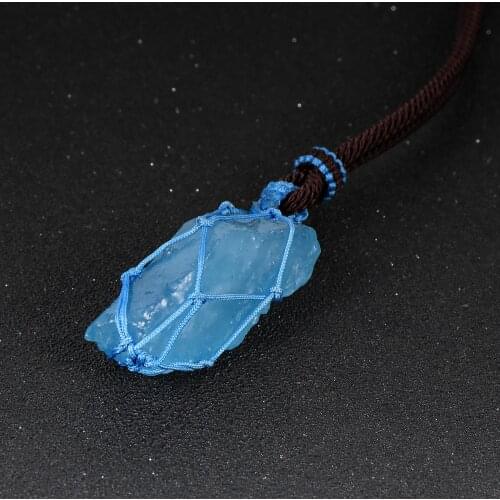 Women Men Natural Ocean Blue Aquamarines Pendant Necklace Braided Rope Wrap Gem Stone Adjustable Sweater Chain Jewelry 20-30mm