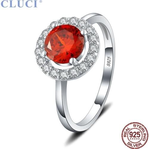 CLUCI 100% Real 925 Sterling Silver White Red Round Cubic Zircon Women Rings Engagement Gilrs Rings Jewelry Gifts DR1046SB