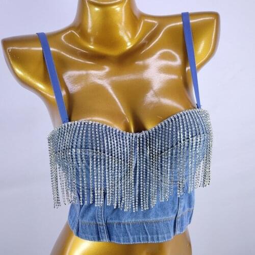 Cupplee Glitter Diamante Fringes Women Denim Blue Crop Top Summer Sexy Ladies Spaghatti Strap Bustier Bralet Tanks Vest Cami