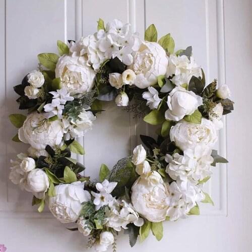 Artificial Garlands Front Door Wreaths, Artificial White Peony Hanging Wreath for Home Party Indoor Outdoor Window Wall