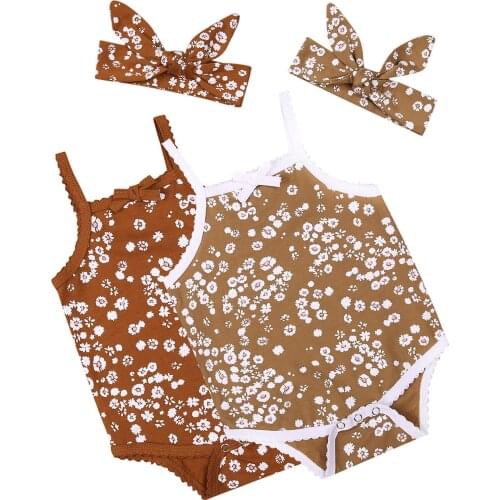 Newborn Baby Girls Floral Square Neck Sleeveless Romper+Hair Band Summer Sleeveless Clothes for Infants