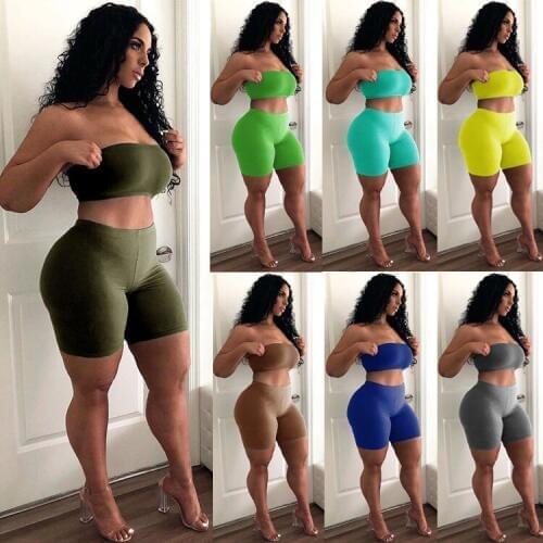 Summer 2020 Women Set Strapless Crop Top Black Sexy And Mini Bodycon Shorts Party Outfit Night Club Two Piece Sets 7 Colors
