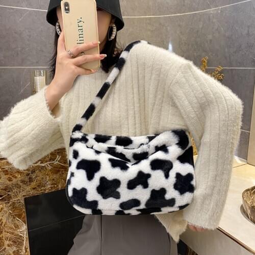 Fashion Solid Color Shoulder Messenger Underarm Bag Women Cow pattern Autumn Winter Fashion Fluffy Female Totes Handbag